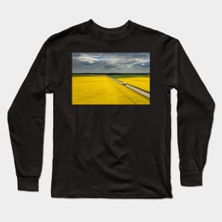 Truck on a road, aerial landscape of a road amongst fields of yellow colza Long Sleeve T-Shirt